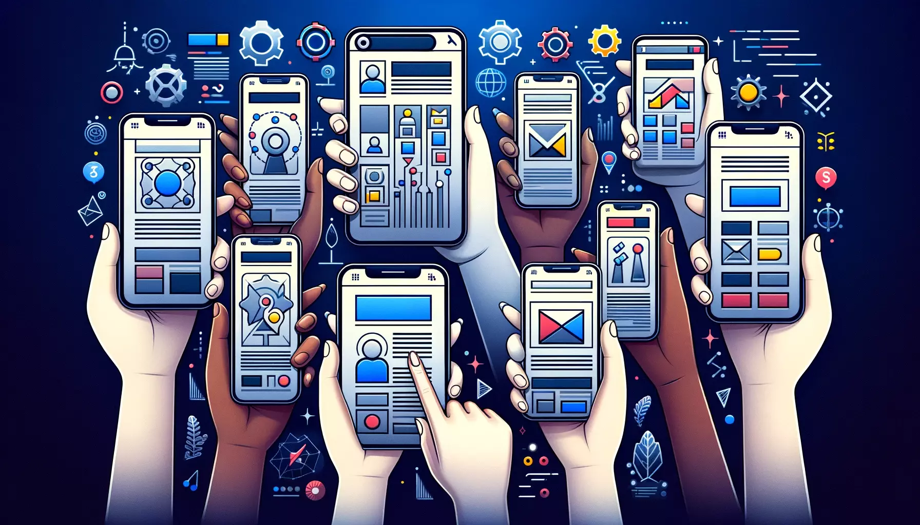 Illustration of many hands holding mobile phones